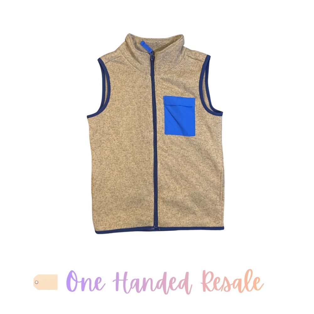 🏕️ Carter’s Kids Tan Fleece Vest w/ Blue Trim & Blue Pocket Unisex Boys Girls 7